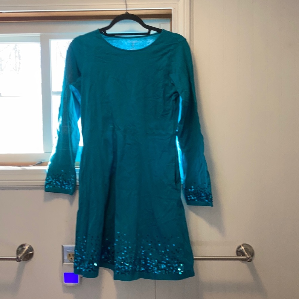 Girls Large cotton teal dress, sequins and pockets
